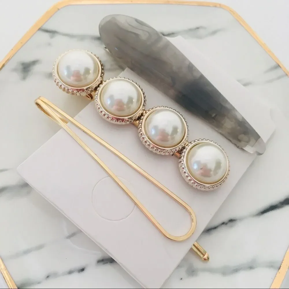 Set of 3 Pearl Gray Marble Gold Hair Pin Barrettes NWT